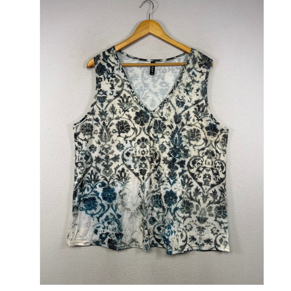 Boho Damask Paisley C.O.Z.Y Womens XL Blue White V-Neck Sleeveless Tank Top 6946